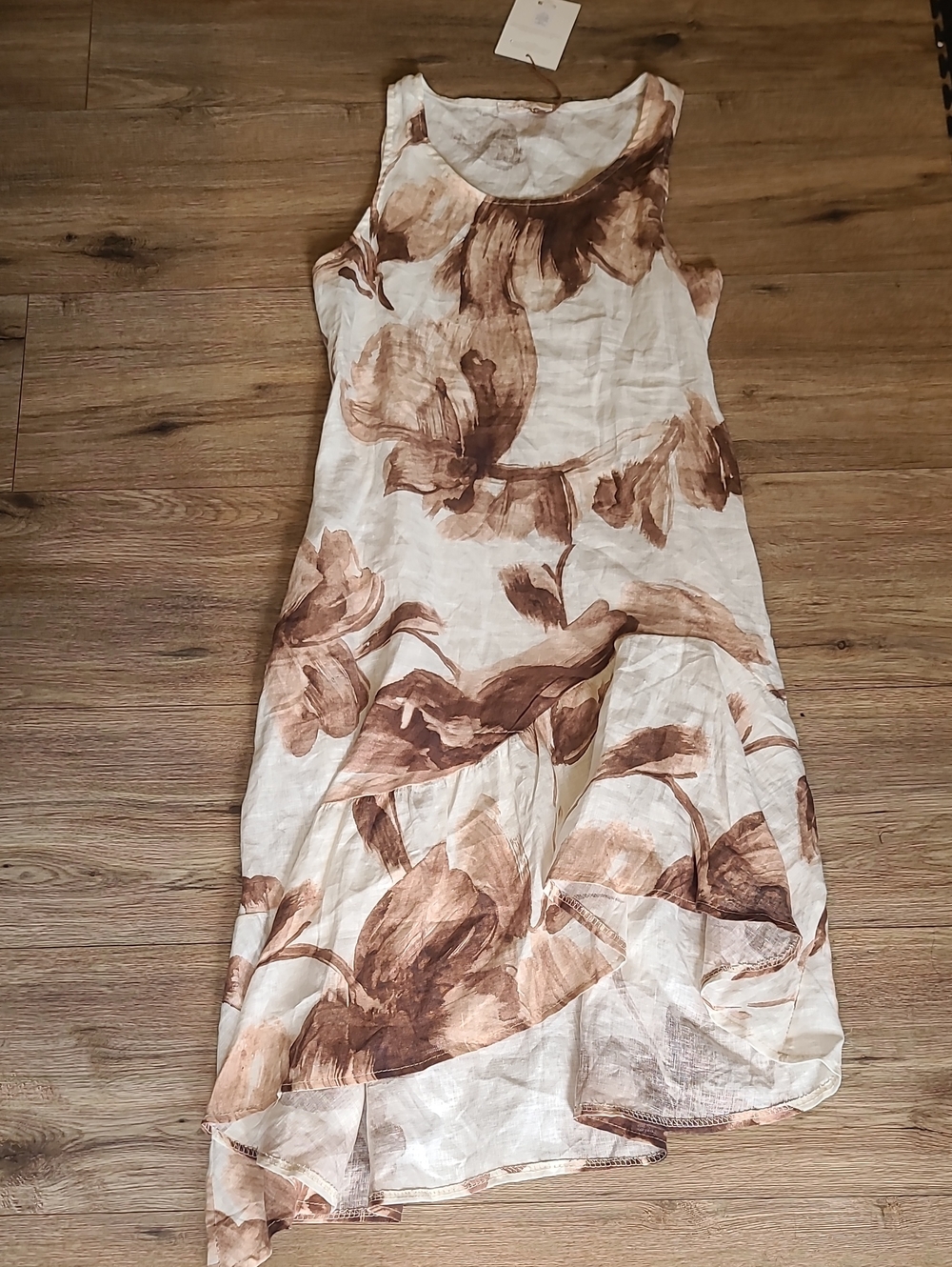 NWT Spighe Di Lino Made In Italy Asymmetric Floral Linen Blend Midi Dress Large